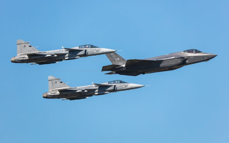 USAF Lockheed F35 Lightning II stealth fighter jet in formation with two Czech Saab Gripen jets